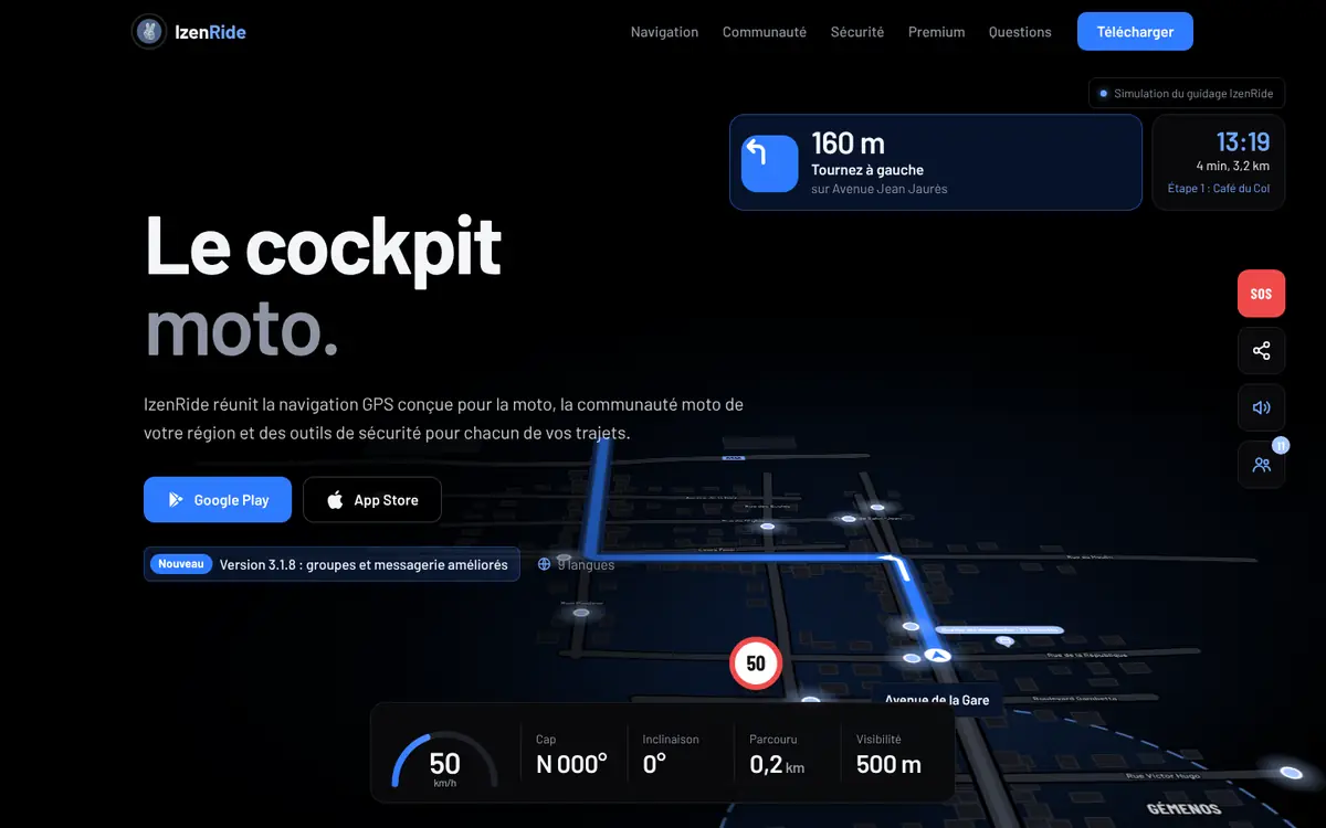IzenRide : page d'accueil, le cockpit moto